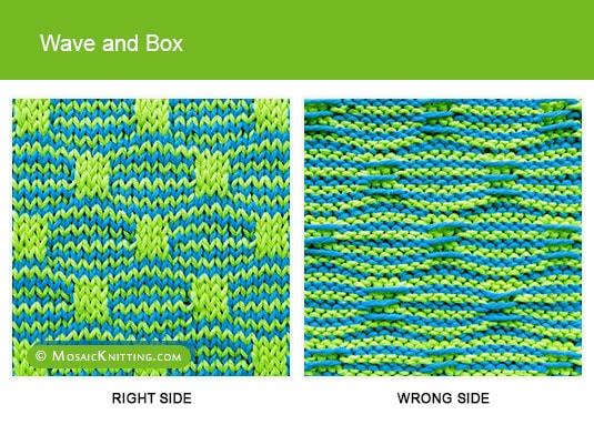 Mosaic Knitting - Two color Slip Stitch Pattern. Right side vs wrong side of the Wave and Box stitch