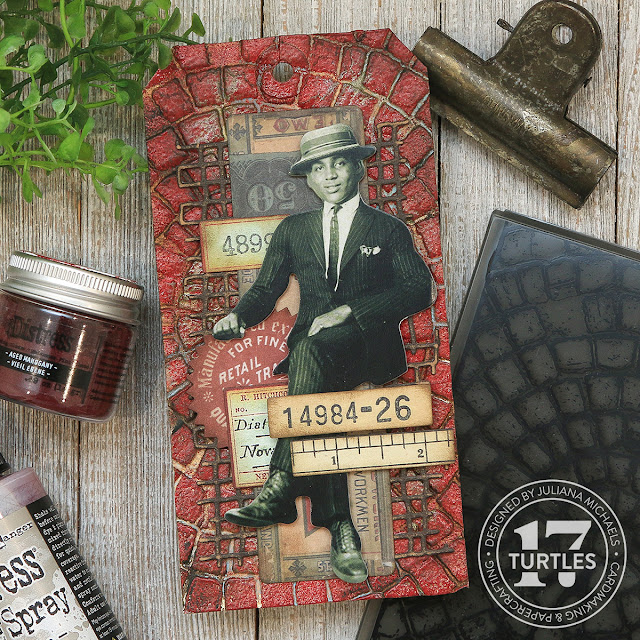 Mosaic Embossing Folder and Aged Mahogany Embossing Glaze Tag by Juliana Michaels featuring Tim Holtz Embossing Glaze