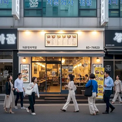 눈길을 사로잡는 매력적인 외관을 가진 한국 식당의 모습을 담은 디지털 아트. B급 상권에서도 독특한 디자인과 간판으로 고객의 발길을 이끄는 식당의 매력을 보여줍니다.