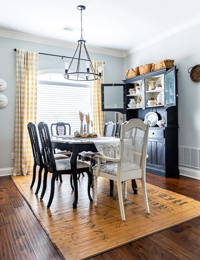 black vintage dining table, chairs, hutch