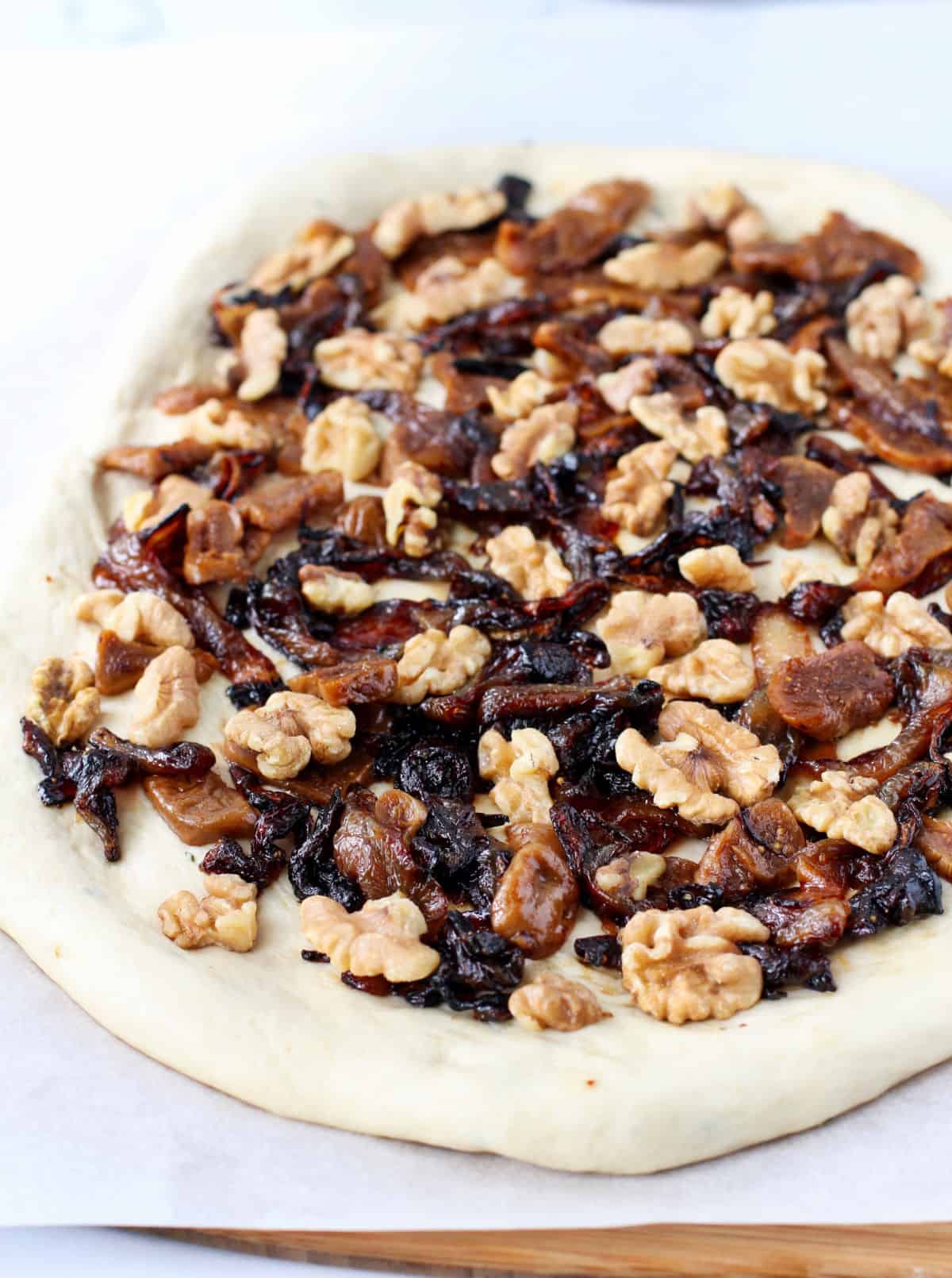 Fig and Walnut Flatbread with Caramelized Onions before baking.