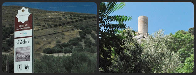 Torreón de Cuadros en la ruta del río en sierra Mágina y panel información sobre otra de las rutas que se pueden realiza La de los Nazaries.