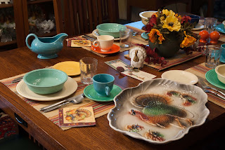 Fiesta dishes, table set for Thanksgiving dinner