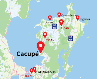 Mapa mostrando la ubicación de Cacupé en la isla de Santa Catarina con respecto a Florianopolis, TiCEN, TISAN y Canasvieiras