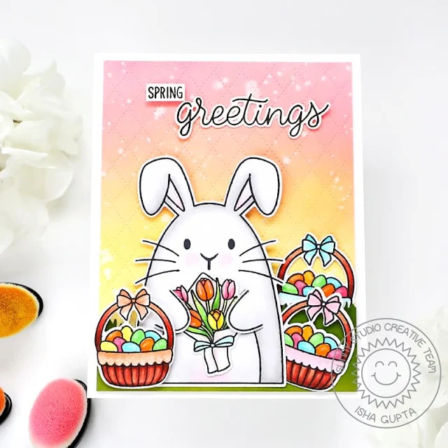 Sunny Studio Stamps: Big Bunny Spring Themed Card by Isha Gupta (featuring Mini Grass Border Dies, Dotted Diamond Dies)