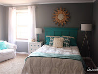 gray white and teal bedroom