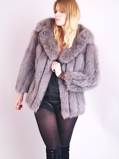 Vintage 1970's gunmetal grey shaggy fox fur coat with large collar.