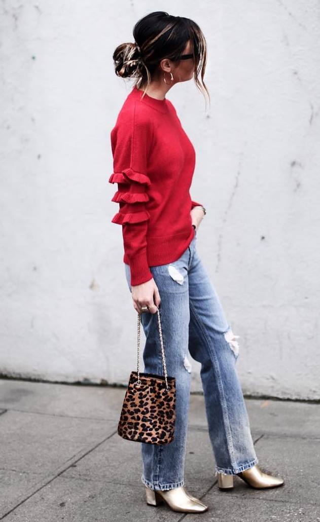 stylish look_red ruffle sweater + rips + leopard bag + gold boots