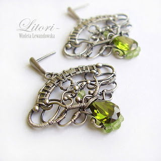 silver earrings, zircon, green, wire-wrapping