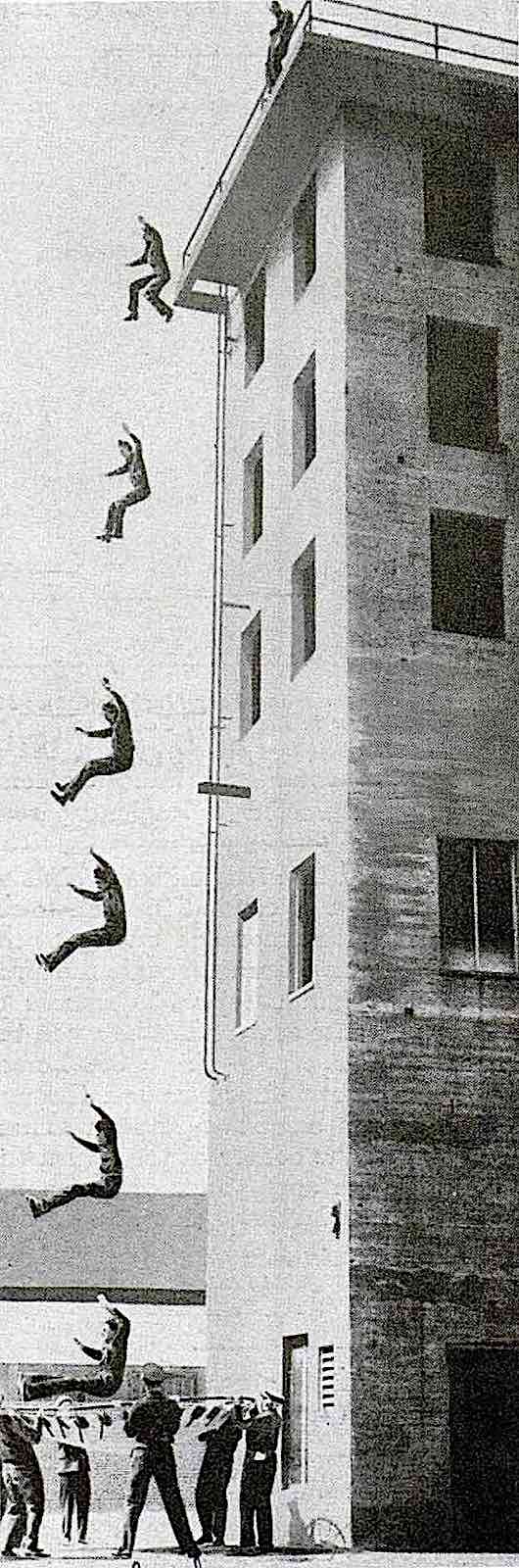 a multiple photograph of a man jumping from a building