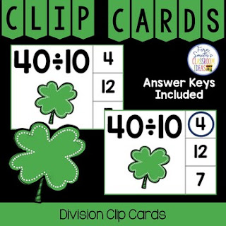 Division Facts 1 to 12 Clip Cards Shamrock Themed