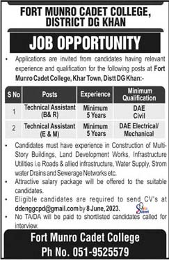 Position Vacant At Cadet College Jobs 2023