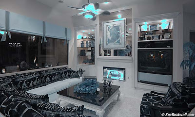 living room design with black and blue lamps