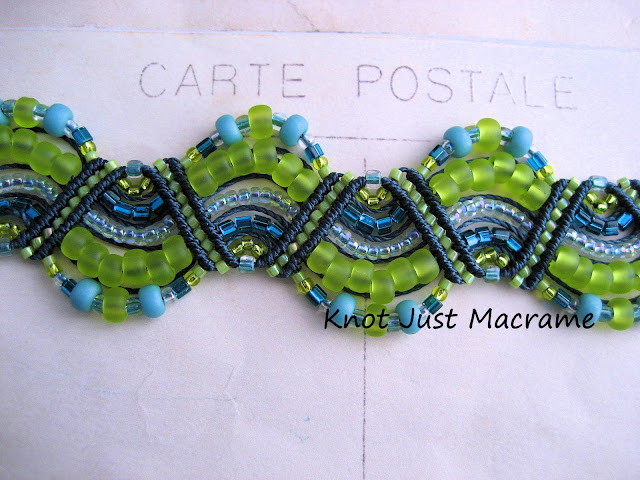 Beaded macrame bracelet knotted in teal, turqoise, marina blue and chartreuse