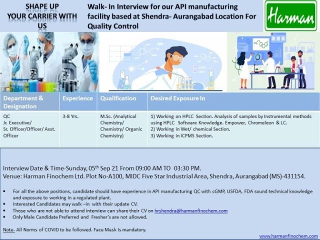 Harman finochem | Walk-in interview for QC on 5th Sept 2021