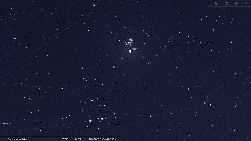 Небесные объекты в ночь с 20 на 21 января 2024. Created with Stellarium