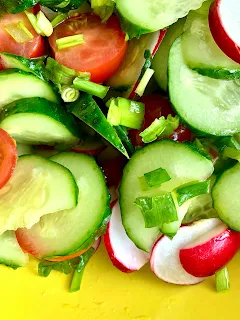 Fresh cucumber  cherry tomato  and radish salad with green onions  a light  low-calorie dinner option for weight loss