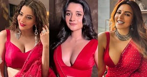indian tv actress red saree cleavage busty
