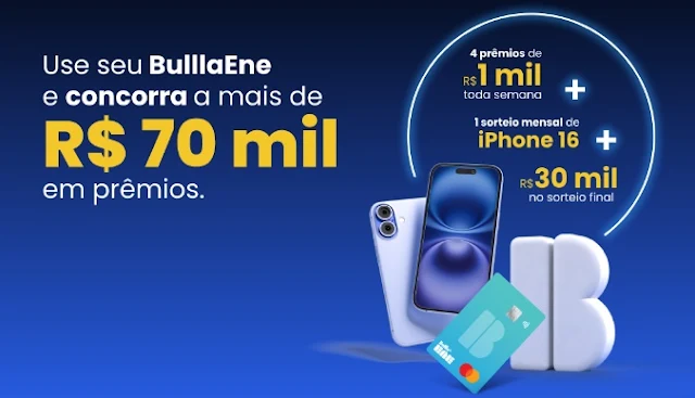 Promoção Férias Premiadas com Bullla: use o cartão BulllaEne, cadastre-se e concorra a mais de R$ 70 mil em prêmios, incluindo iPhones 16.