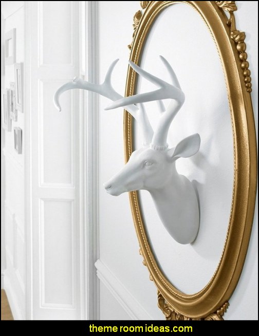 White Faux Stag Deer Head wall decorations - wall art prints - wall stencils - wall murals - wall decals - wall decor - Lighted Letters - wall letters - Storage wall shelves - Marquee Lights - wall lights - picture frames - mirrors - decorative accents  ceramic wall decor - cardboard wall mounts - Stuffed Animal Trophy Head wall decorations -