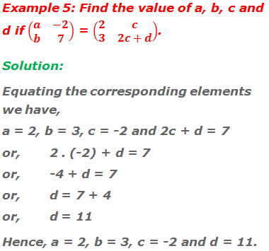 Example 5: Find the value of a, b, c and d if (■(a&-2@b&7)) = (■(2&c@3&2c+d)). Solution: Equating the corresponding elements we have, a = 2, b = 3, c = -2 and 2c + d = 7 or, 	2 . (-2) + d = 7 or,	-4 + d = 7 or, 	d = 7 + 4 or, 	d = 11 Hence, a = 2, b = 3, c = -2 and d = 11.