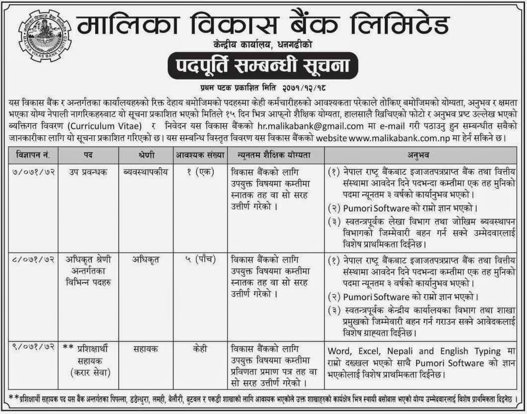 Job Vacancy in Malika Vikas Bank Ltd.