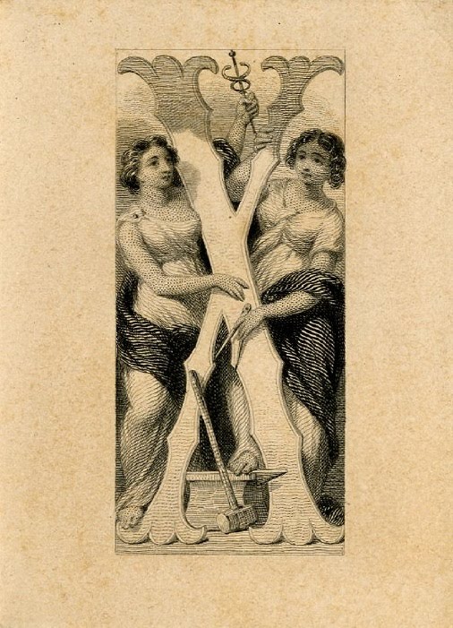 Letter X at centre and two female figures surrounding it. Design printed in black on tan paper. (19th c)