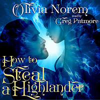 How to Steal a Highlander audiobook cover. A dark haired man embraces a brunette woman. The background is a mystical, electric blue light.