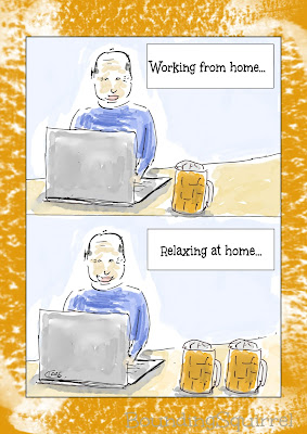 This cartoon shows a man working from home. He's on a laptop, with one beer beside him. The picture below is identical, except it says, relaxing at home, and the picture shows him smiling, and with two beers.