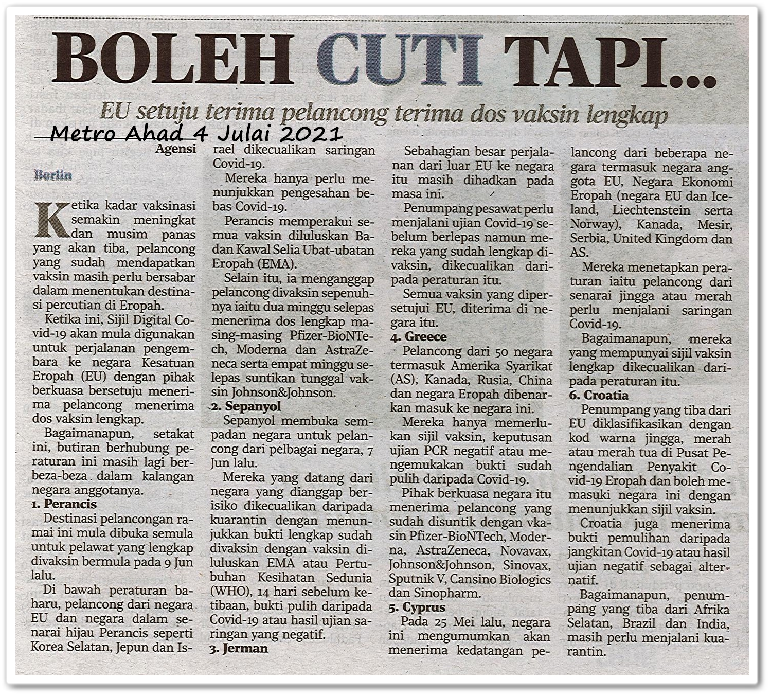 Boleh cuti tapi... - Keratan akhbar Metro Ahad 4 Julai 2021