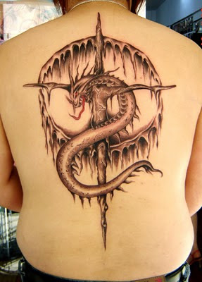 Dragon with Cross Tattoo Design - Back Tattoo