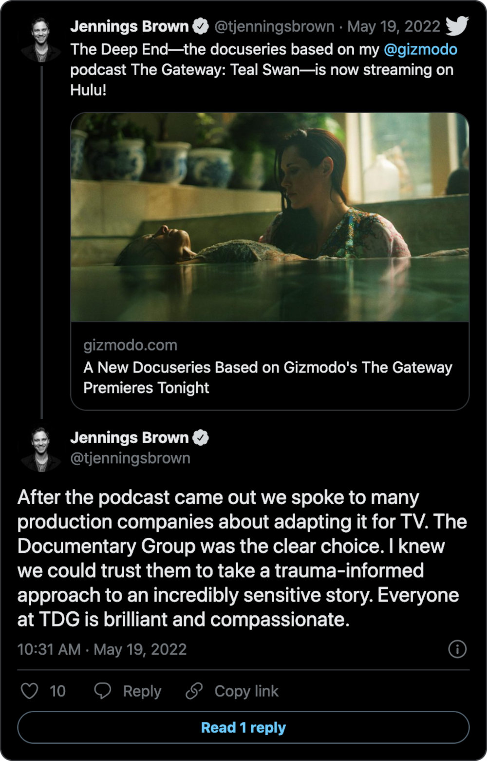 After the podcast came out we spoke to many production companies about adapting it for TV. The Documentary Group was the clear choice. I knew we could trust them to take a trauma-informed approach to an incredibly sensitive story. Everyone at TDG is brilliant and compassionate.