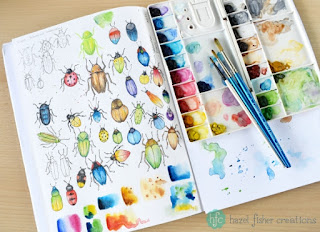 My Entry to Spoonflowers Whimsical Watercolour Insects Challenge by Hazel Fisher Creations. Watercolour and pen illustrations. Sketchbook page work in progress.