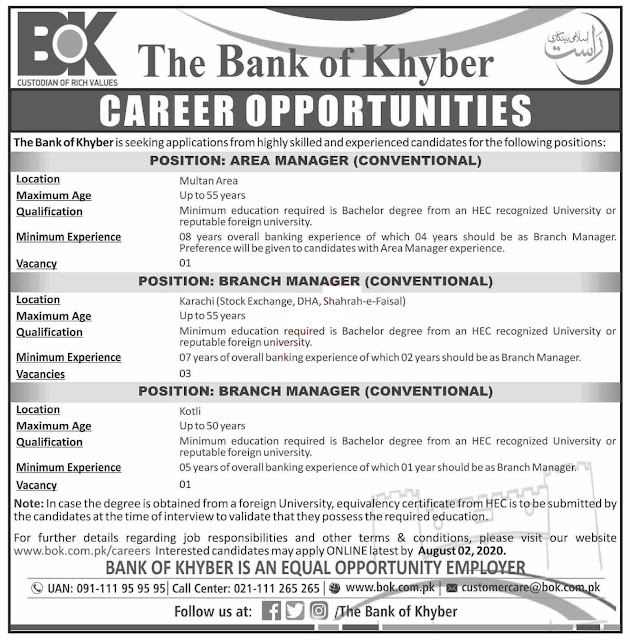 Bank of Khyber Karachi Jobs 2020