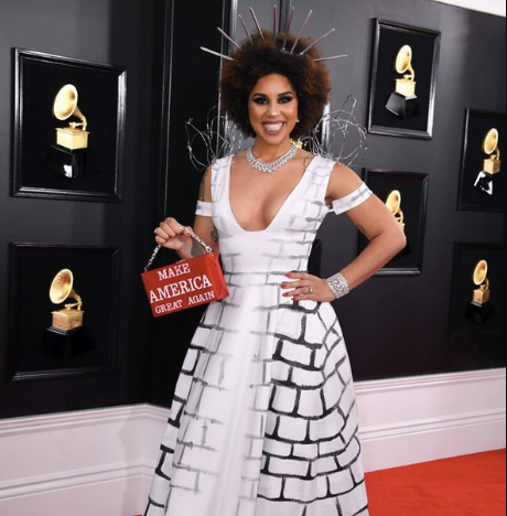 Joy Villa arrived at the Grammys wearing a pro-Trump dress made to look like a wall with barbed wire