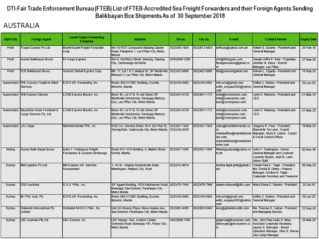 Every overseas Filipino worker (OFW) must be aware of the cargo company where they send their hard-earned balikbayan boxes. Make sure that you only entrust them to the cargo and freight forwarders accredited by the Department of Trade and Industry (DTI) to assure its safety.        Ads      Sponsored Links  There were reports of loss, pilferage, and damaged items due to mishandling. If your cargo company is not licensed and accredited by the DTI, chances are, your complaints will be for nothing and you will lose your packages forever especially if the sent your cargo to a fly-by-night courier service.  DTI has released the latest list of accredited cargo forwarders as of September 2018.                                                                                                                                                                                                                                                                                  Just check the list of the accredited cargo forwarders in your host country to make sure that the balikbayan box you diligently saved for months just to send them to your loved ones may surely reach its destination safely and should any problem arise, you can always reach the DTI to file complaints.    For complaints and queries, you can contact DTI at the following:   DEPARTMENT OF TRADE & INDUSTRY Trade & Industry Building 361 Senator Gil J. Puyat Avenue, Makati City Metro Manila, Philippines 1200  Trunkline: (+632) 7510-DTI (384) Office Hours: 8:00am-5:00pm, Monday to Friday (excluding holidays)  DTI Direct Hotline: (+632) 751.3330 Mobile: (+63) 917.834.3330 Email: ask@dti.gov.ph Filed under the category of overseas Filipino worker, OFW, balikbayan boxes, cargo and freight forwarders, Department of Trade and Industry , DTI accredited, 