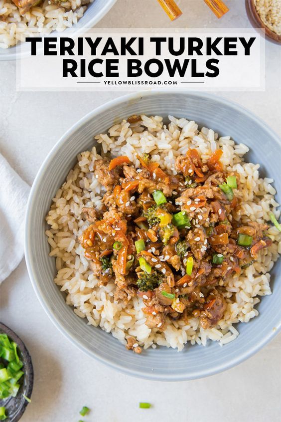 This Ground Turkey Recipe with Teriyaki Sauce and veggies on top of a big bowl of steamed rice makes these Teriyaki Turkey Rice Bowls a family favorite!