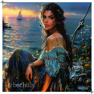 A woman stands contemplatively on a shore, gazing at a calm blue sea with sailboats in the distance. A sunrise paints the horizon with hope.