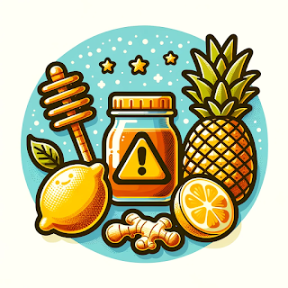 Ilustração de um pote de mel, um limão, um gengibre e um abacaxi, dispostos em semicírculo com um sinal de cuidado no centro indicando perigo potencial para os bebês.