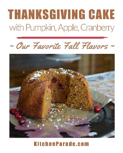 Thanksgiving Cake ♥ KitchenParade.com, one cake, all our favorite fall flavors, pumpkin, apple, cranberry, pecans, warm spices.