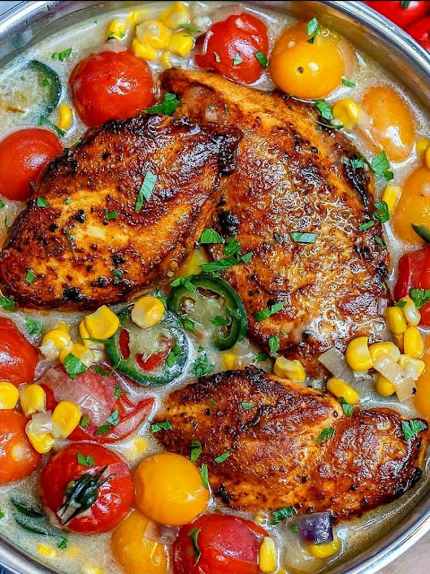 Blackened Chicken with Creamy Corn & Cherry tomatoes