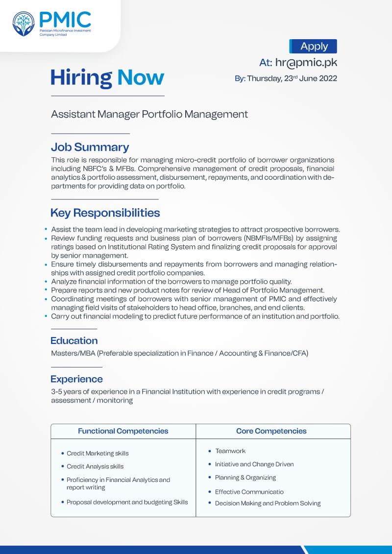 Pakistan Microfinance Investment Company Ltd PMIC Jobs For Assistant Manager - Portfolio Management