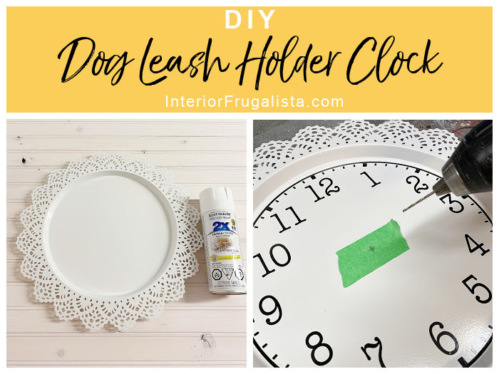 How to turn an old cane chair seat into a one-of-a-kind dog leash holder with a Time For A Walk Clock and paw print dog leash hooks for the back door.