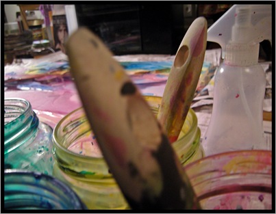 Process painting brush mister closeup with painting and Bob Dylan in background April 2010 DSCN5837