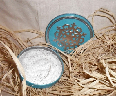 herbed bath salts in a snowflake decorated tin