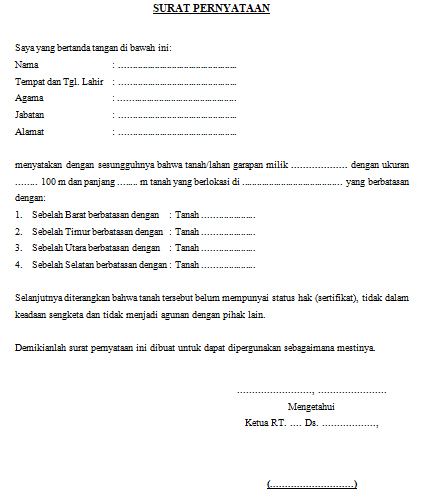 Contoh Format Surat Pernyataan Keterangan Tanah Belum Bersertifikat Salam Edukasi