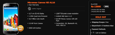 Micromax Canvas HD A116 Sold Out