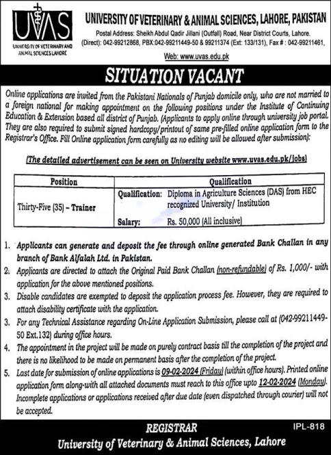 Trainer Jobs in University of Veterinary and Animal Sciences Lahore 2024 UVAS Online Apply Latest   