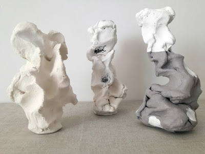 Three littlebaroque classical sculptures, synthetic clay, acrylic paint, charcoal