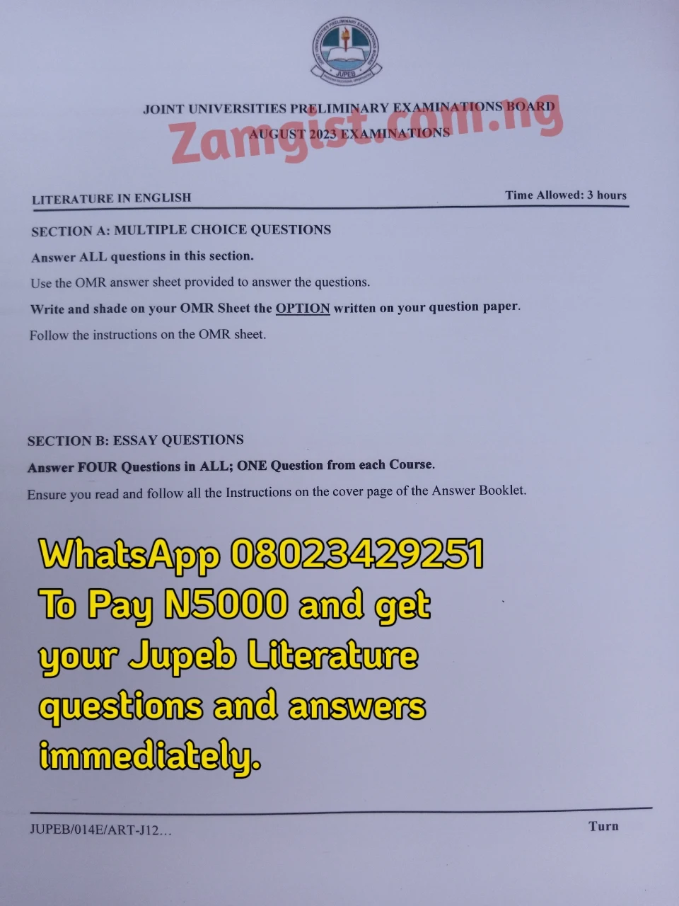 JUPEB Literature Questions And Answers 2024
